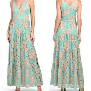 DRESS THE POPULATION Melina Tiered Skirt Maxi Dress in SEAFOAM MULTI sz M $268